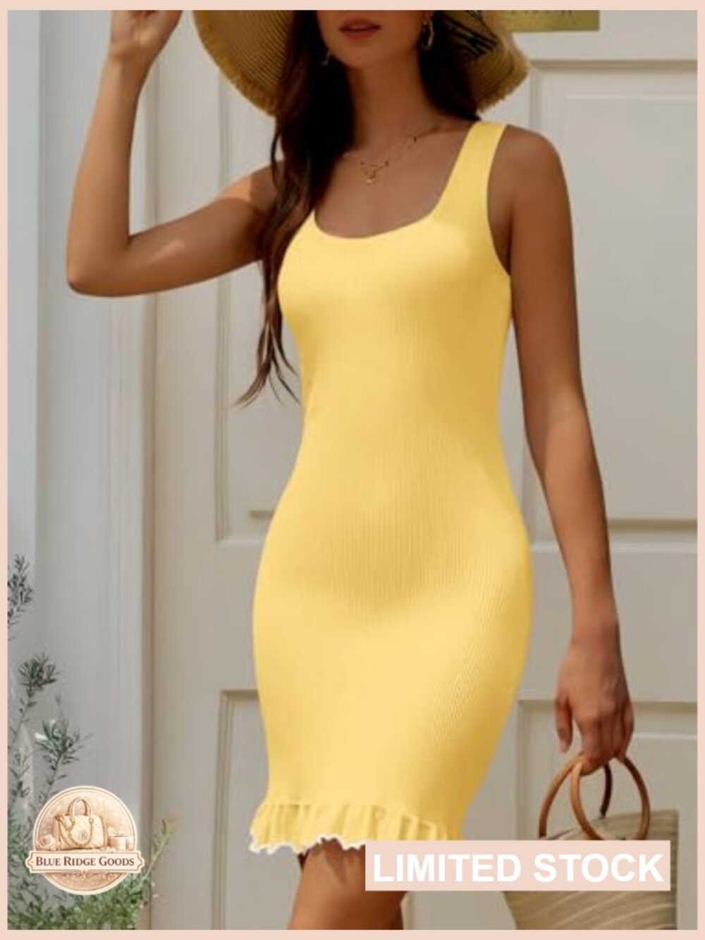 Square Neck Ruffle Mini Dress Sleeveless Ribbed Knit Slimming Bodycon Date Night - Picture 3 of 7